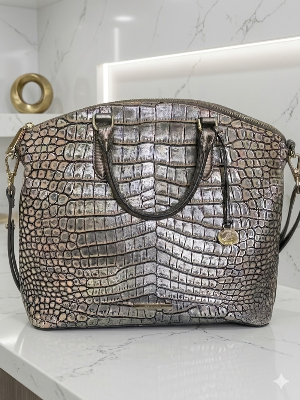 Brahmin Large Duxbury Satchel Silver Croc embossed Shoulder Bag Handbag EUC